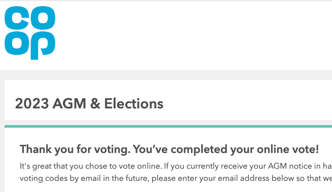 Terry_Mcleod's tweet photo. I've voted ☑️It's that time again - @coopuk AGM &amp; Elections are now live. If you're eligible keep an eye out for your voting pack and get be sure to vote on ✅AGM motions, ✅elect Member Nominated Directors, and ✅elect your local reps on the National Members' Council #coopNMC https://t.co/xGXtm4gTjM