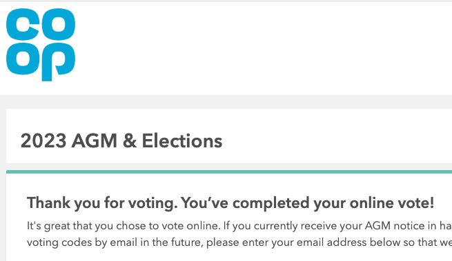 I've voted ☑️It's that time again - @coopuk AGM & Elections are now live. If you're eligible keep an eye out for your voting pack and get be sure to vote on ✅AGM motions, ✅elect Member Nominated Directors, and ✅elect your local reps on the National Members' Council #coopNMC