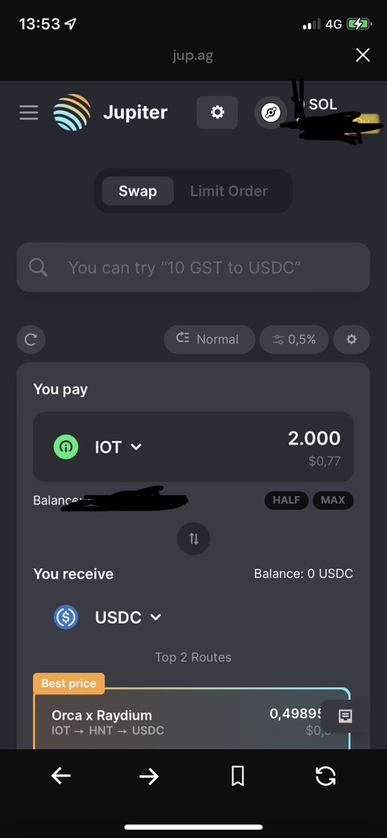 How to #swap the new $IOT token (the new token that will mine the hs, not $HNT anymore) in the new 
<a href="/helium/">Helium🎈</a> black app.
Go to the dApp section and go to the Dex #Jupiter by clicking on the site. After connecting your wallet you can swap. Currently this is the fastest way
#IoT