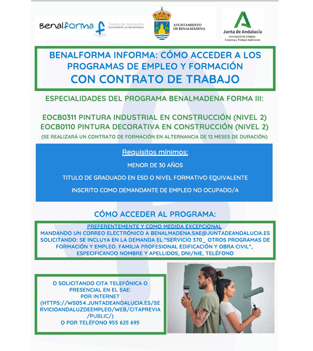 ¡¡¡¡ APROVECHA ESTA OPORTUNIDAD!!!
F O R M A C I O N PROFESIONAL ➕ C O N T R A T O DE TRABAJO.
En las imágenes podéis encontrar toda la info necesaria de cómo acceder al programa. PLAZAS DISPONIBLES para  inscribirse.
+ INFO 952562085, Benalforma. Ayto. Benalmádena