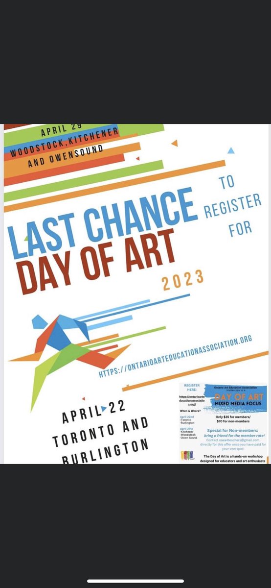 OAEA (@onaea) on Twitter photo Last day to register for the #Toronto with <a href="/JvanEnckevort/">Jessica van Enckevort</a> and #Burlington Day of Art on Saturday! Don’t miss out register today ontarioarteducationassociation.org thanks to our sponsors <a href="/AboveGroundTO/">Above Ground</a> @STAEMars <a href="/GelliArts/">Gelli Arts</a> <a href="/PhotoEdCANADA/">PhotoED Magazine</a> & <a href="/Crayola/">Crayola</a> Last day to register for the #Toronto with <a href="/JvanEnckevort/">Jessica van Enckevort</a> and #Burlington Day of Art on Saturday! Don’t miss out register today ontarioarteducationassociation.org thanks to our sponsors <a href="/AboveGroundTO/">Above Ground</a> @STAEMars <a href="/GelliArts/">Gelli Arts</a> <a href="/PhotoEdCANADA/">PhotoED Magazine</a> & <a href="/Crayola/">Crayola</a>