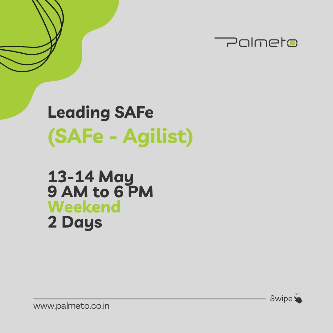 Palmeto_India's tweet photo. Achieve Your Goals Faster with SAFe
Training for Your Team.
Great Opportunity to Upskill with SAFe online Training.
Write your requirement to info@palmeto.co.in
Visit our website https://t.co/9lvdforiV5
#palmetosolutions #SAFe #safeframework #TeamProductivity
#teamdevelopment https://t.co/ljVBh3nkNA