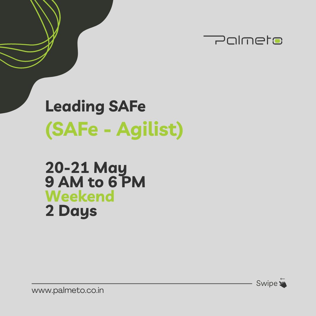 Palmeto_India's tweet photo. Achieve Your Goals Faster with SAFe
Training for Your Team.
Great Opportunity to Upskill with SAFe online Training.
Write your requirement to info@palmeto.co.in
Visit our website https://t.co/9lvdforiV5
#palmetosolutions #SAFe #safeframework #TeamProductivity
#teamdevelopment https://t.co/ljVBh3nkNA