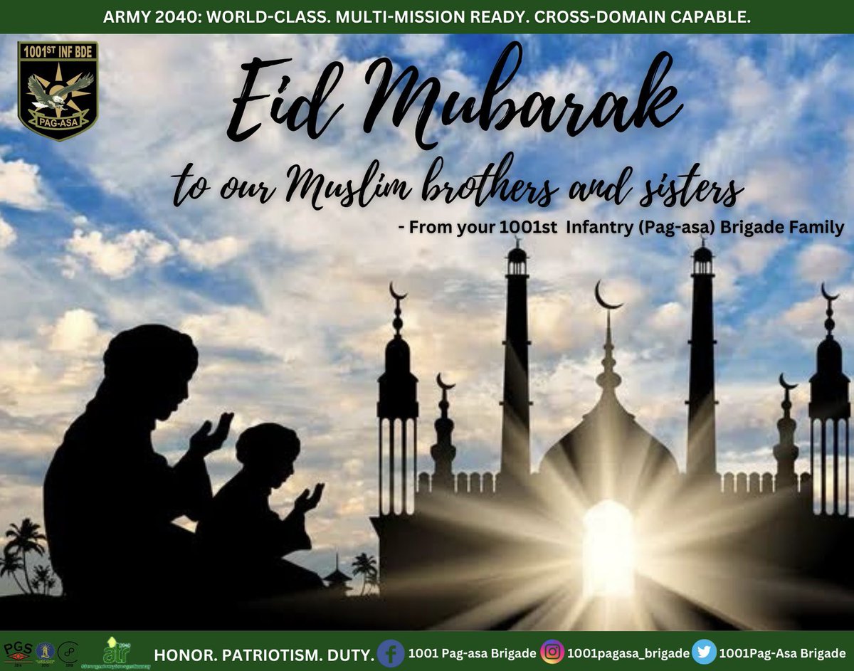 1001stPagasa's tweet photo. Eid Mubarak to our Muslim brothers and sisters !
📷For more updates, please like, share, SUBSCRIBE &amp; FOLLOW in our pages.
Twitter: 1001Pag-Asa Brigade
Instagram: 1001pagasa_brigade
#PagasaTroopers
#ParaSaBayan
#AgilaNewsNetwork
#AFPyoucanTRUST
#PhilippineArmy https://t.co/zNcUViH2F2