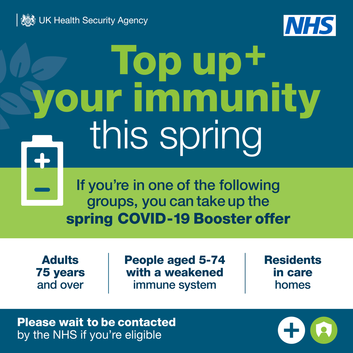 UKHSA_NorthWest's tweet photo. People aged 75 or above, or those with a weakened immune system, can now book their #COVID19Vaccine.
 
You can: 
🔵 Book online: https://t.co/FiQdt0PKwA
🔵 Use the NHS App
🔵 Call 119 https://t.co/dqRUTyKCfn