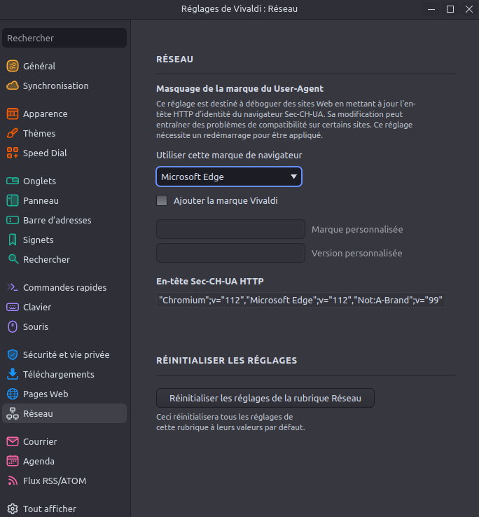 vivaldi_fr's tweet image. Des sites continuent de discriminer des #navigateurs #Web comme #Vivaldi, non plus en utilisant le bon vieux User-Agent, mais en détectant un en-tête pouvant présenter différentes « marques ».
Vivaldi 6.0 permet de changer cet identifiant Sec-CH-UA afin de #tromper ces #sites 👍