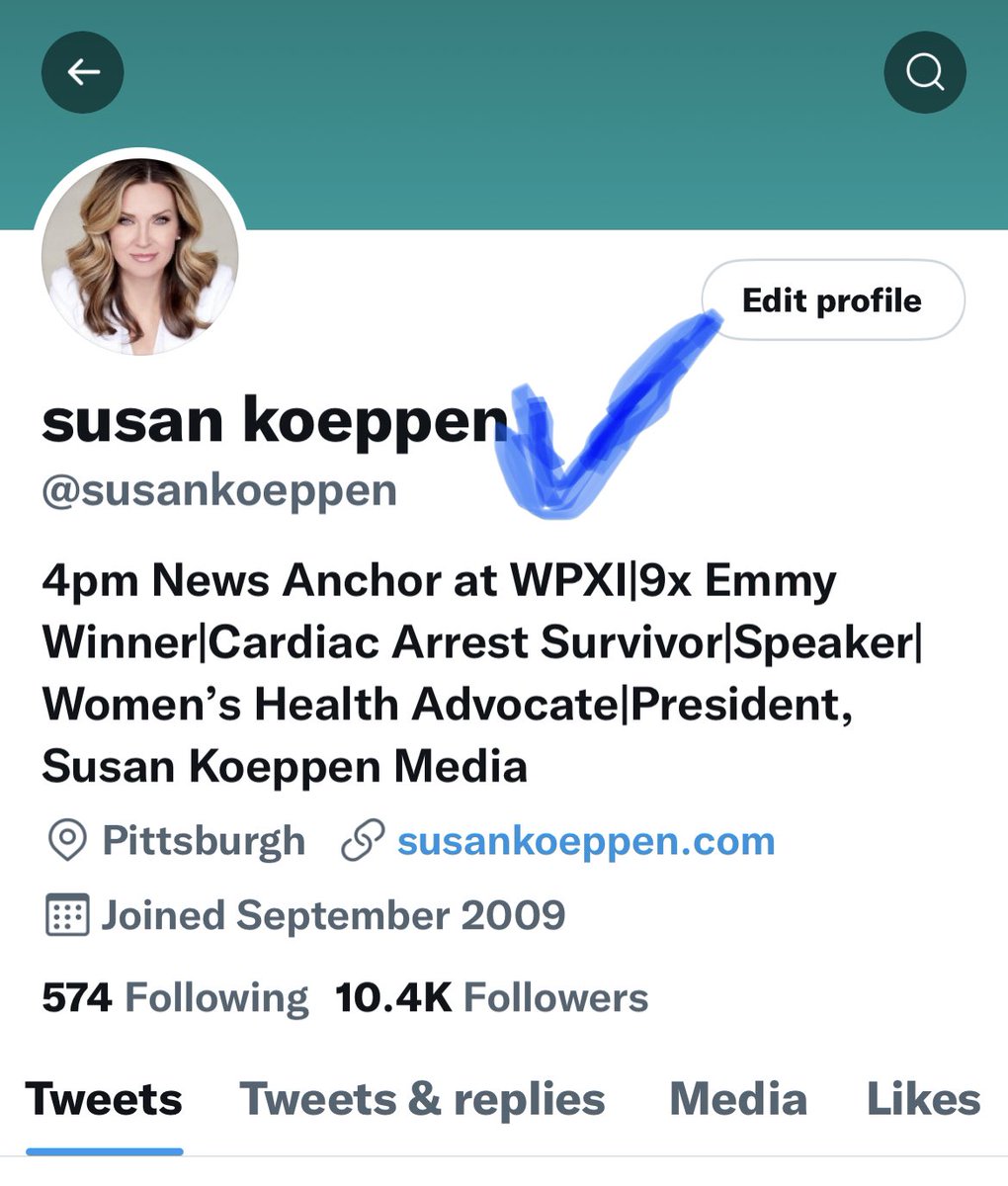 susankoeppen's tweet photo. Oh snap, my blue check has disappeared. Never fear, I DIY’d one. I’m completely verified. #blucheck https://t.co/sIX6kHqkTP