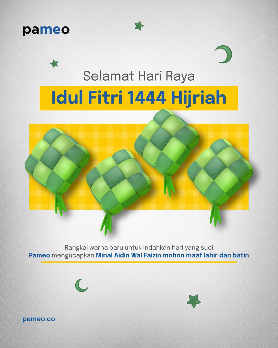 pameoco's tweet photo. Minal Aidin wal Faizin  

Mohon maaf lahir dan batin ya, Pams!  

Semoga di Hari Raya Idul Fitri tahun ini, kita bisa merayakan bersama orang tersayang dan selalu bersyukur atas kenikmatan dan kebahagiaan yang kita miliki saat ini.  

#Pameo 
#DigitalAgency 
#IdulFitri2023 https://t.co/d06TdEniHK