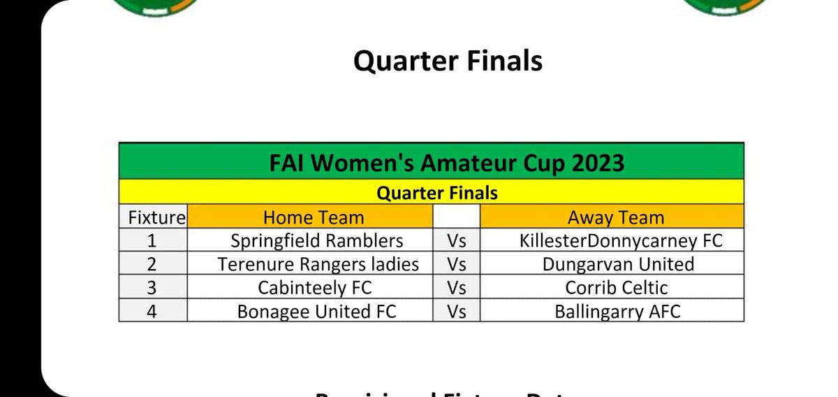 KillesterDonny's tweet photo. Our Senior Women have been drawn away to @SpringfieldRam1 in the Quarter Final of the FAI Amateur Cup. The tie is to take place the weekend ending 27/28th of May. #KDFC #WomensFootball https://t.co/iFSULraXF5