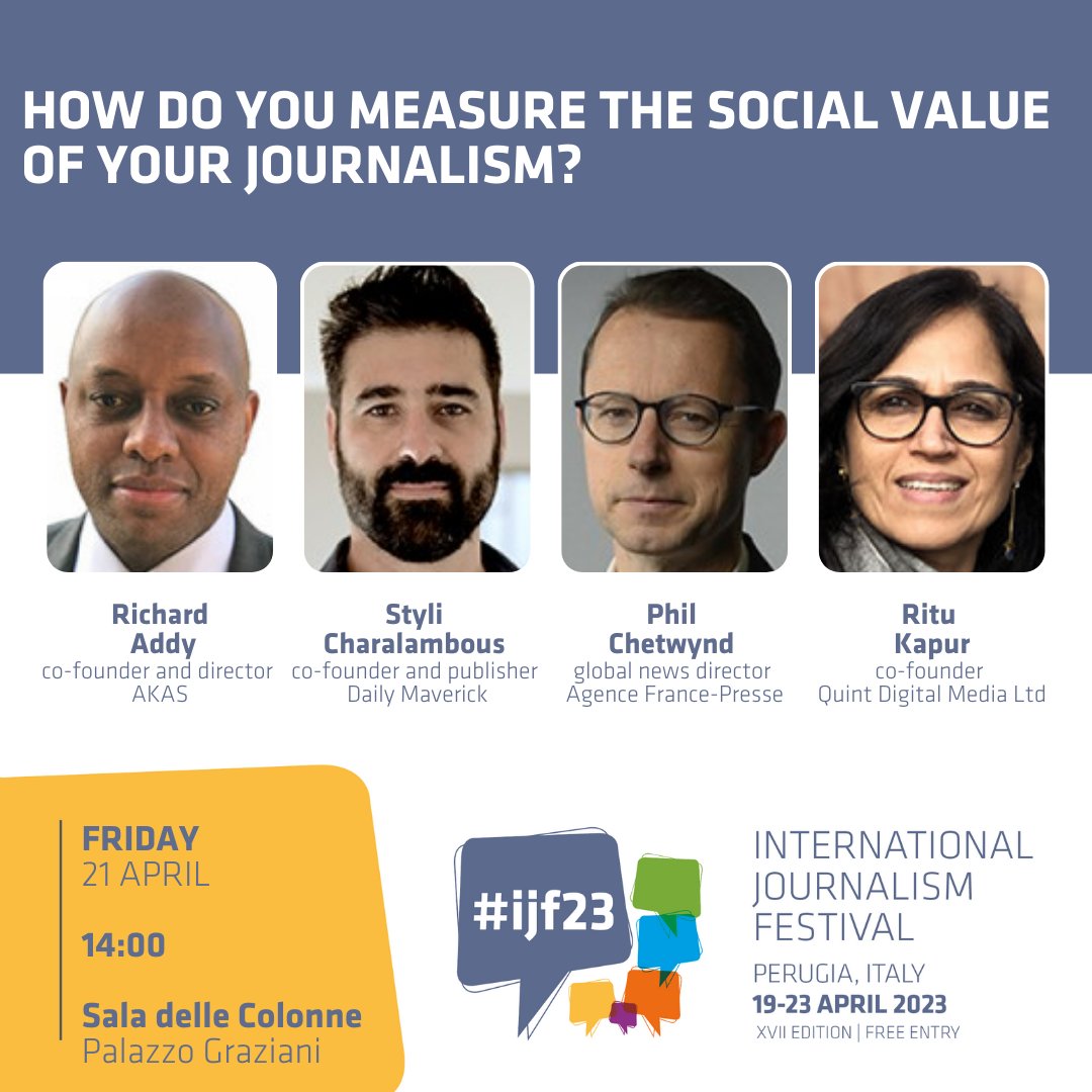 International Journalism Festival (@journalismfest) on Twitter photo 🔴 How do you measure the social value of your journalism? #ijf23 with <a href="/richardacaddy/">Richard Addy</a> <a href="/stylichara/">Styli Chara</a> <a href="/philchet/">Philip Chetwynd</a> <a href="/kapur_ritu/">Ritu Kapur</a>
🎥 Live & On Demand > journalismfestival.com/programme/2023… 🔴 How do you measure the social value of your journalism? #ijf23 with <a href="/richardacaddy/">Richard Addy</a> <a href="/stylichara/">Styli Chara</a> <a href="/philchet/">Philip Chetwynd</a> <a href="/kapur_ritu/">Ritu Kapur</a>
🎥 Live & On Demand > journalismfestival.com/programme/2023…