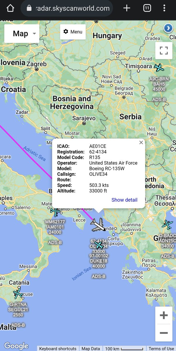 scan_sky's tweet photo. A New Rivet Joint For The Middle East Or Souda Bay 🇬🇷
#USAF 🇺🇸 - RC-135W Rivet Joint - 62-4134 - #OLIVE34 🫒
Departed From Offutt AFB 🇺🇸 At 0106z & Currently Routing Over The Adriatic Sea.
May Be Replacing 62-4139 (RC-135W) Currently Deployed To Al Udeid Air Base 🇶🇦 https://t.co/XpadxrlB6R