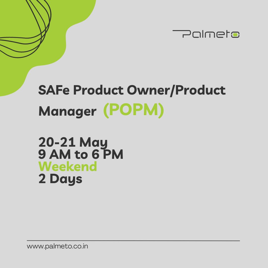 Palmeto_India's tweet photo. Achieve Your Goals Faster with SAFe
Training for Your Team.
Great Opportunity to Upskill with SAFe online Training.
Write your requirement to info@palmeto.co.in
Visit our website https://t.co/9lvdforQKD
#goalsetting #safeframework #palmetosolutions https://t.co/2x60ONbDA3
