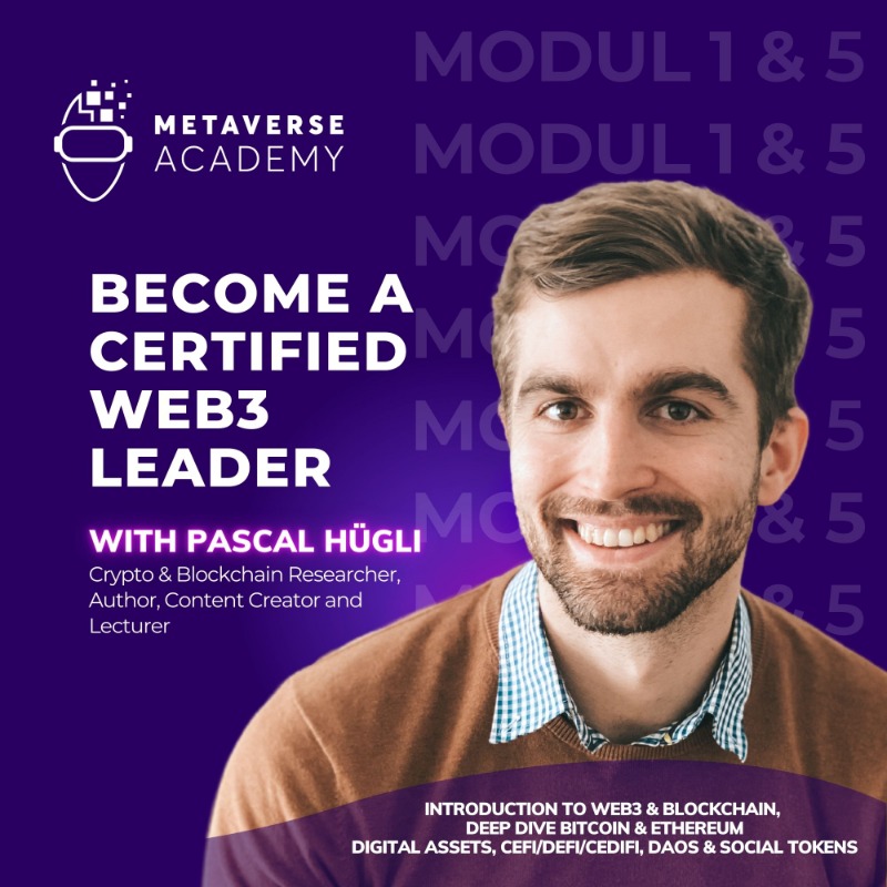 Metaverse_ACAD's tweet photo. Introducing Pascal Hügli, our web3 &amp; blockchain expert at the Metaverse Academy! 

💡Learn from his expertise  in detail about #Bitcoin, #Ethereum, digital assets, CeFi/DeFi/CeDiFi, DAOs &amp; more. 

Join now! 🚀

#CertifiedWeb3Leader