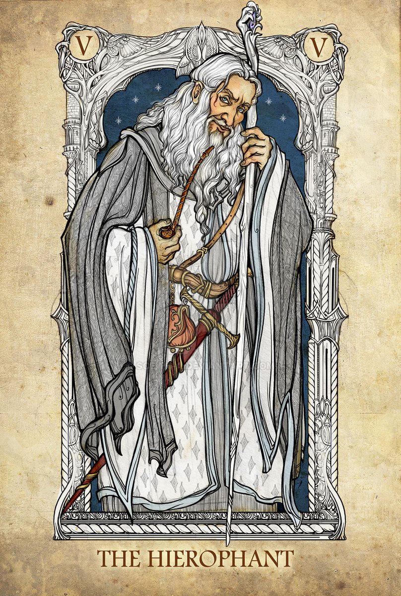__Imladris__'s tweet photo. ¿Como serían los personajes de El Señor de los Anillos si fuesen cartas del Tarot? En este hilo respondemos a esa pregunta con las ilustraciones de 
@SceithAilm

1. Gandalf el Blanco https://t.co/RqWpUhsj22