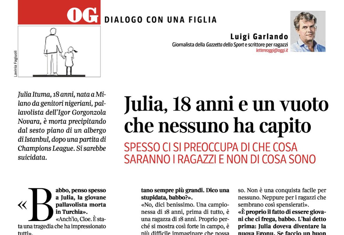 Il vuoto silenzioso di #JuliaItuma e quel che siamo in grado di vedere dei ragazzi della sua età. Ne parlano un padre e una figlia in #DialogoConUnaFiglia di @garlando_luigi su #OggiSettimanale