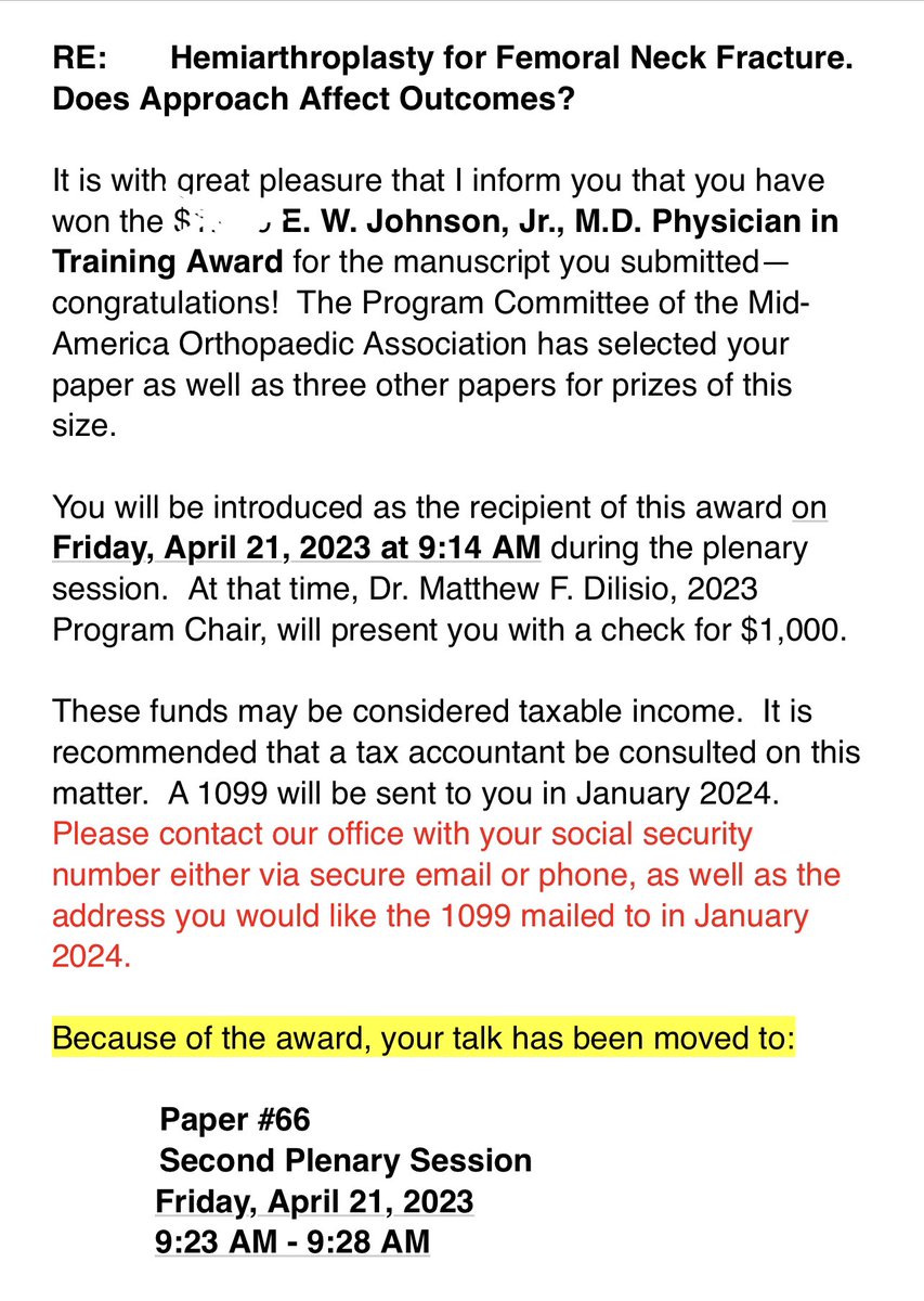 Come check out our presentation today at 9:20 on HA FNF outcomes based on surgical approach. 

Our presentation is in conjunction with the manuscript we submitted that won the physician in training award! @MidAmerica82 @MUOrthopaedic #MAOA2023
