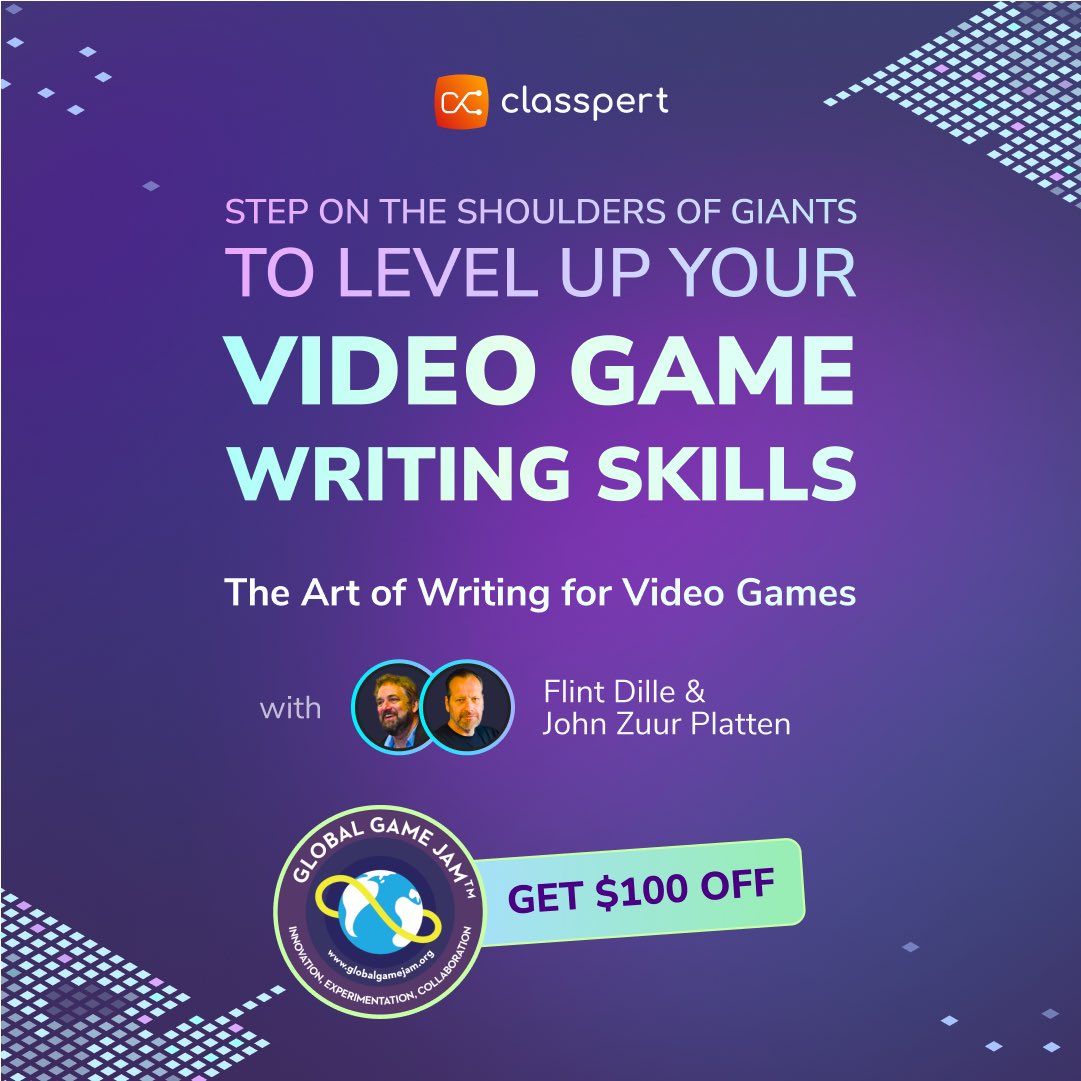 globalgamejam's tweet photo. Attention Global Game Jam community! Get $100 OFF The Art of Writing for Video Games course with Flint Dille and JZP. Work directly with these legends to create a high-level game design document. See link in comments!

#narrativedesign #videogamewriting https://t.co/pgyt8KW7Bc