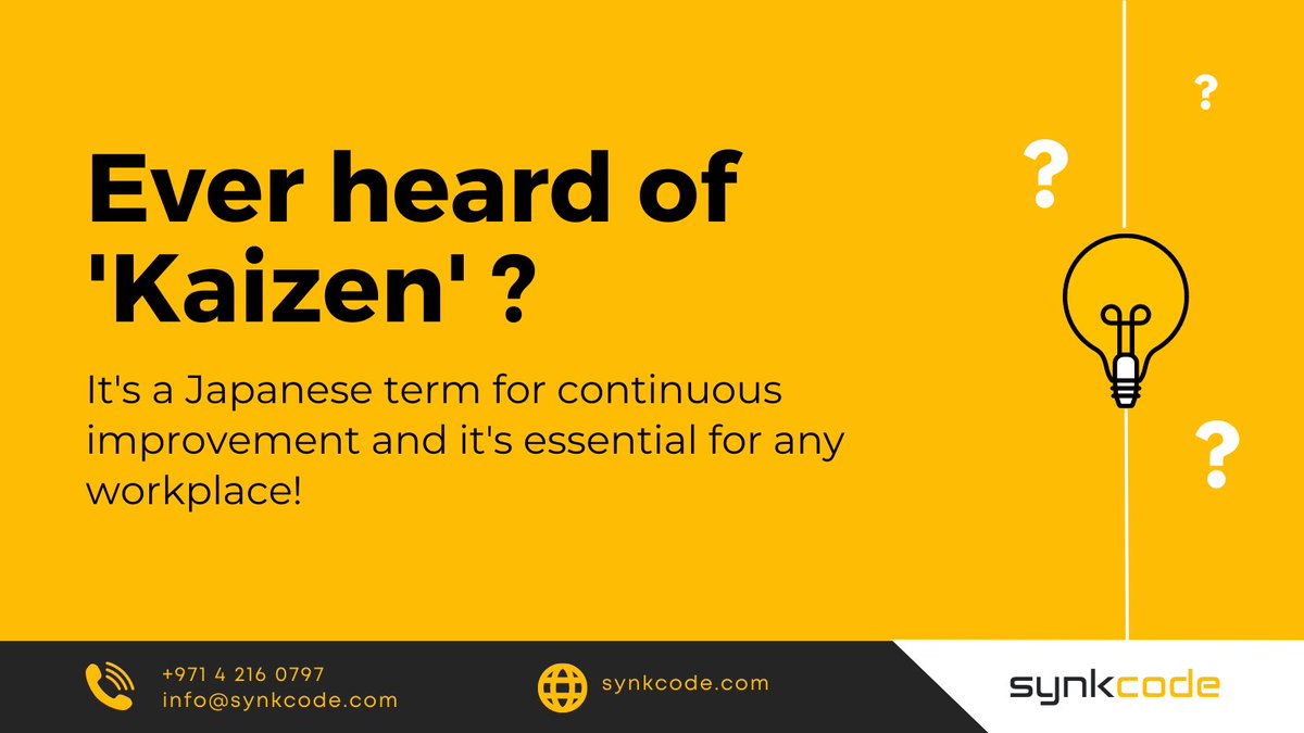 synkcode's tweet image. Ever heard of Kaizen? 🤔 It's a Japanese term for continuous improvement and it's essential for any workplace! 🏢 Why? Because small improvements made every day can lead to big changes in the long run. 🔍
#Kaizen #ContinuousImprovement #WorkplaceSuccess