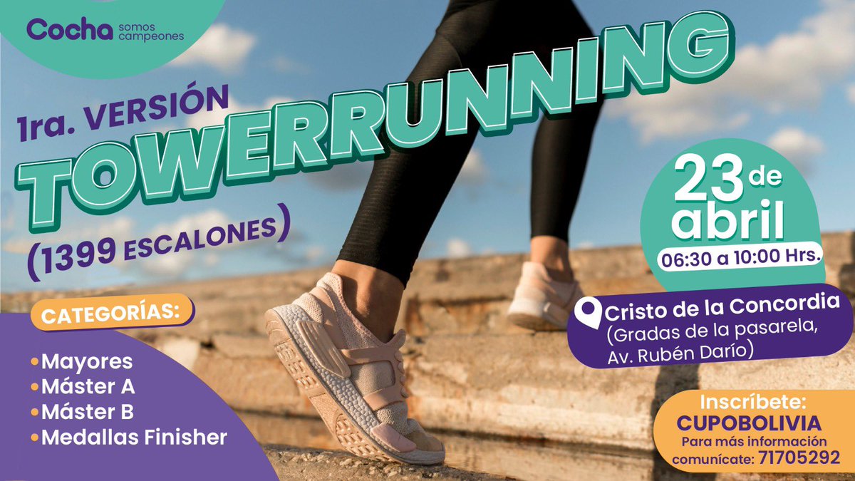 CSomosCampeones's tweet photo. ¿Te gustan los retos?🤔 Participa en la 1ra. Versión de ¨Towerrunning¨🏃🏽‍♀️🏃🏻 e impulsa tus capacidades al máximo.⛰️🏃🏽 #CochaSomosCampeones https://t.co/ya9I5UyKHR