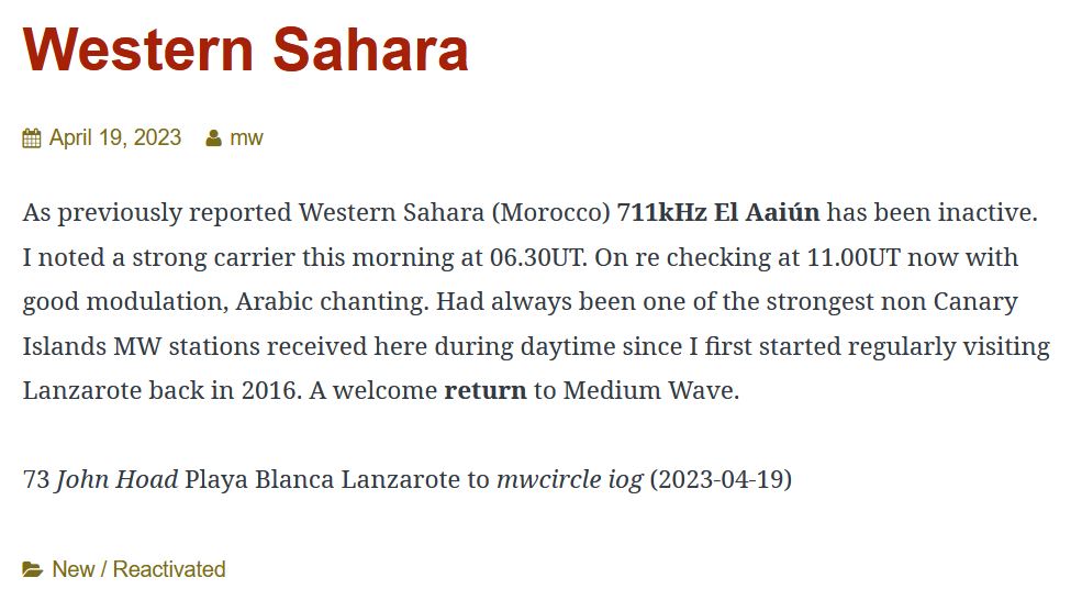 Western Sahara back on MW, 711 kHz
This is a country that is missing from my log (it counts as a DXCC entity)
Could someone report a possible offset ?
#mwdx #mwradio #amradio #amdx #swl