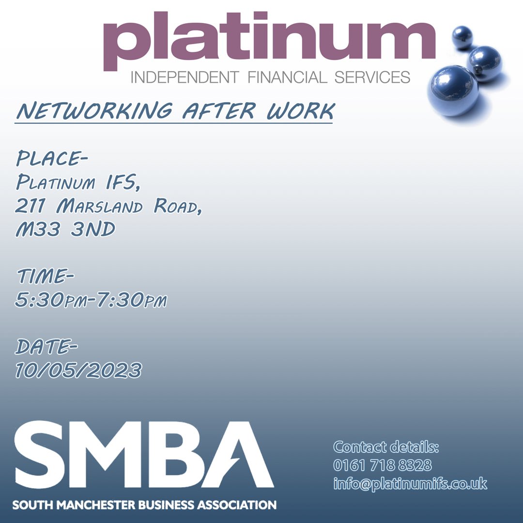 Fancy coming to our networking after work? 
Feel free to come along to the offices on Marsland Road. We may even pop to the pub for a drink afterwards for any latecomers!
#platinumifs #smba #networking