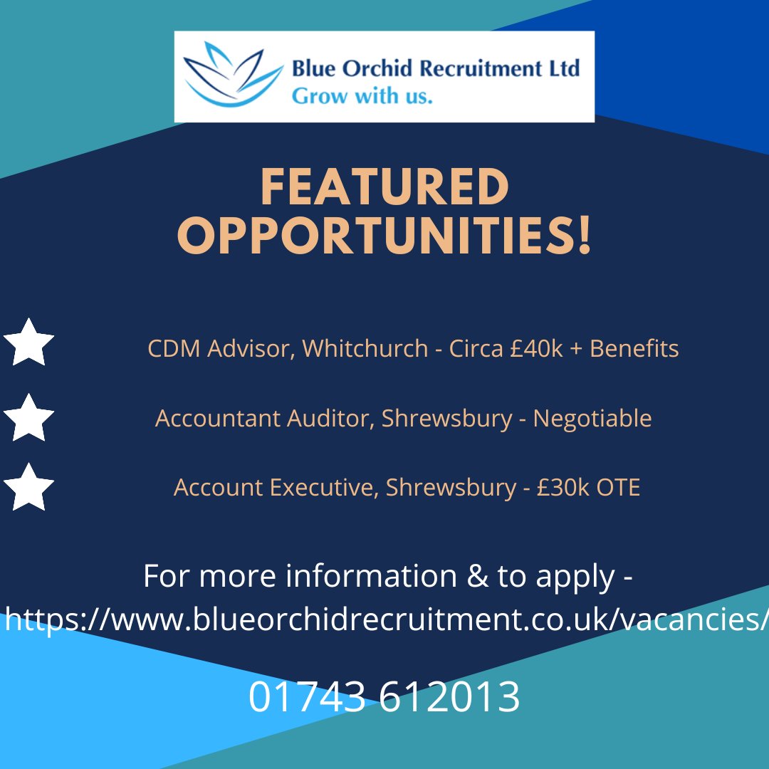 This weeks featured jobs!
blueorchidrecruitment.co.uk/vacancies/
To discuss further, please feel free to contact us on
📷01743 612013 or email your questions or CV to
📷mail@blueorchidrecruitment.co.uk
#latestroles #recruitment #hiring #careeropportunities #opportunities #jobs #recruiting