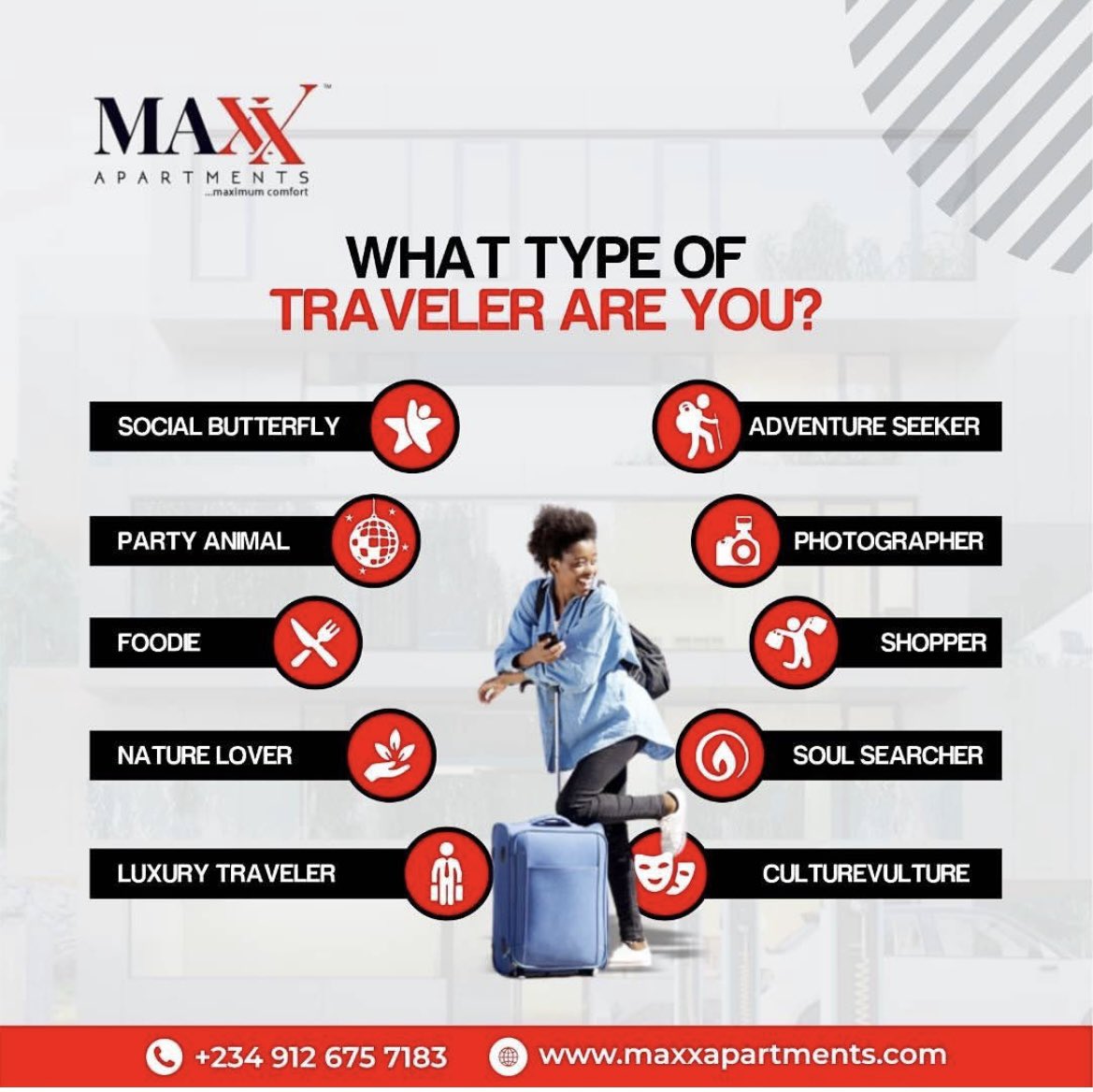 Do you fit into one or two of these categories? Which one are you? 

Let us know in the comment section below 👇
#airbnb #maxxapartments #staycation #weekendgetaway #apartmentsinibadan #ibadankiniso #ibadan #helloibadan #ibcity #ibadanhomes #apartmentsinibadan #ibadanagent