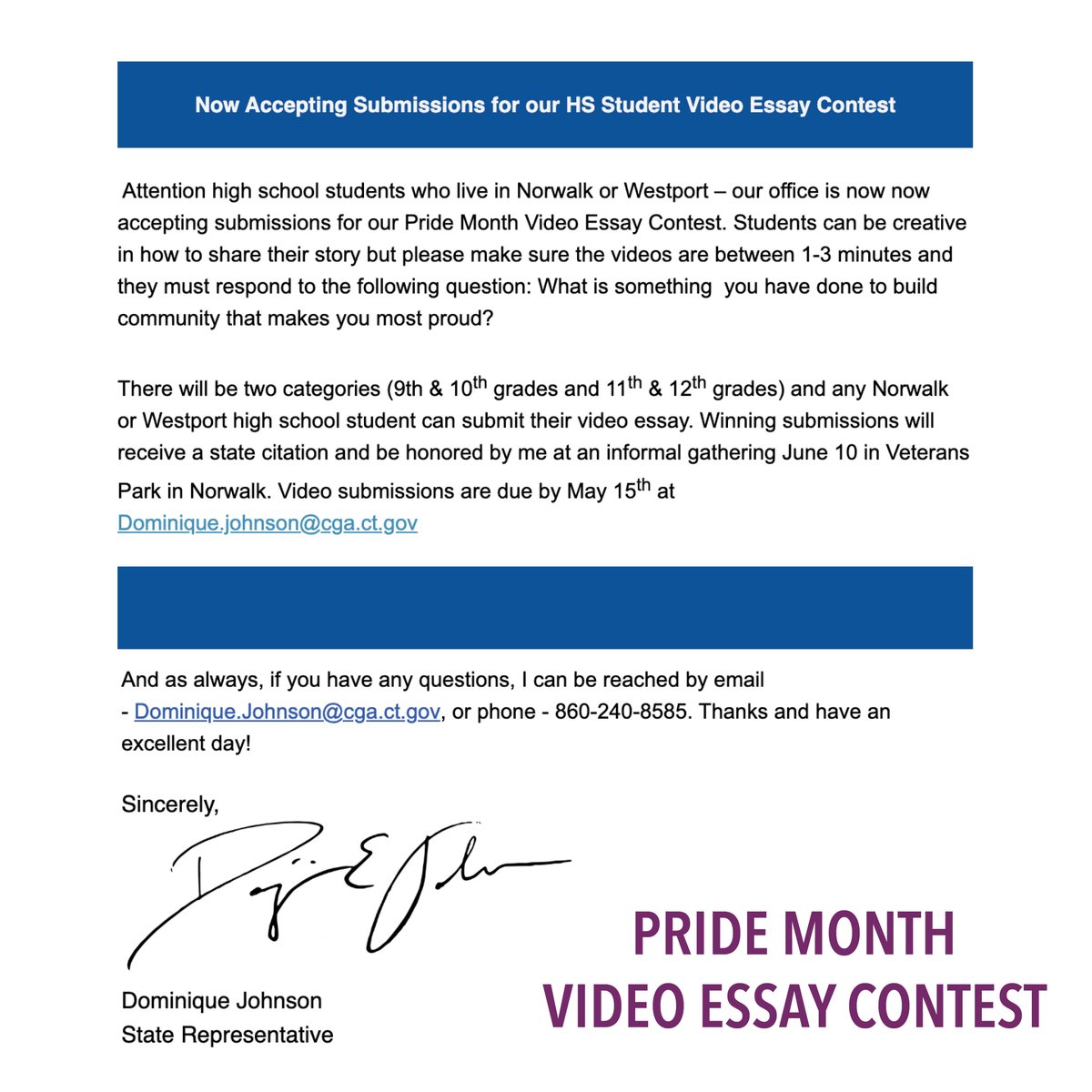 CTPrideCenter's tweet image. Pride Month Video Essay Contest for Norwalk &amp;amp; Westport high school students
 
9th &amp;amp; 10th grades / 11th &amp;amp; 12th grades.
Video length: 1-3 mins
Respond to: What is something  you have done to build community that makes you most proud?
Due: 5/15 
Send to: Dominique.johnson@cga.ct.gov