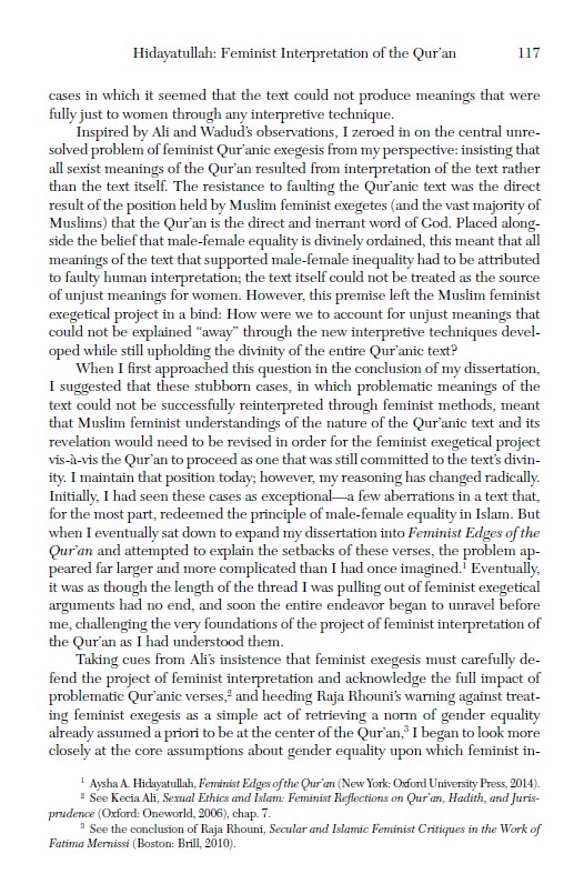 Yesterday in my Qur'an class <a href="/NotreDame/">University of Notre Dame</a> we read Ayesha Hidayatullah's fascinating reflection on how far one can advance a feminist reading of the Qur'an only by criticizing the exegetical tradition w/o critically examining the text.