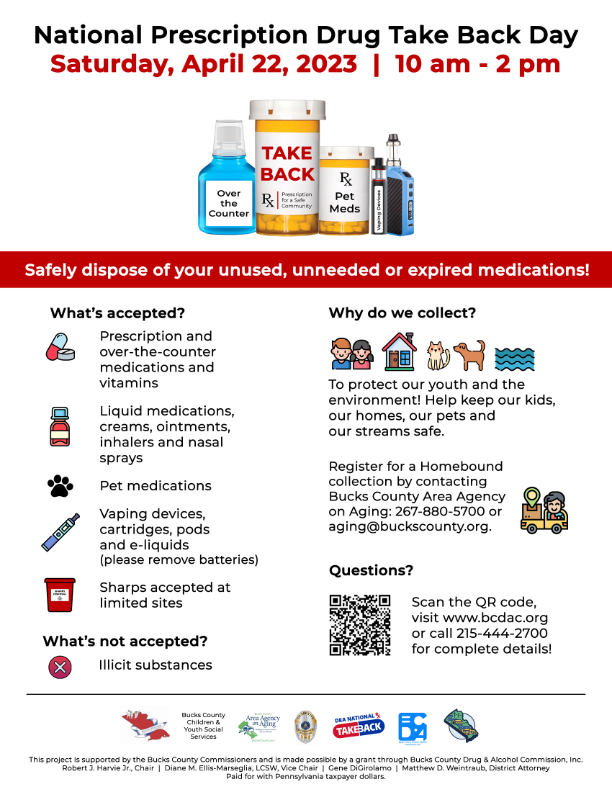 Join Warwick PD for National Drug Take Back Day
Saturday 4/22/23 10am - 2pm at Wawa, 1937 York Rd Jamison