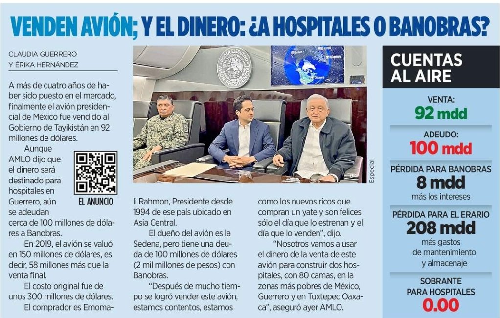 Melissa_Bely's tweet photo. Todo un genio..
Con razón dice que su mujer maneja su dinero..

El avión estaba valuado en:
150 millones de dólares.

Lo vende en:
92 millones de dólares.

Le pierde:
58 millones.

Deuda:
100 millones de dólares.

Banobras pierde:
8 millones de dólares.

Pérdidas para el erario más gastos de mantenimiento y almacenaje.
208 MILLONES de dólares.

¿ Cuánto sobra para hospitales ?

0.00 pesos