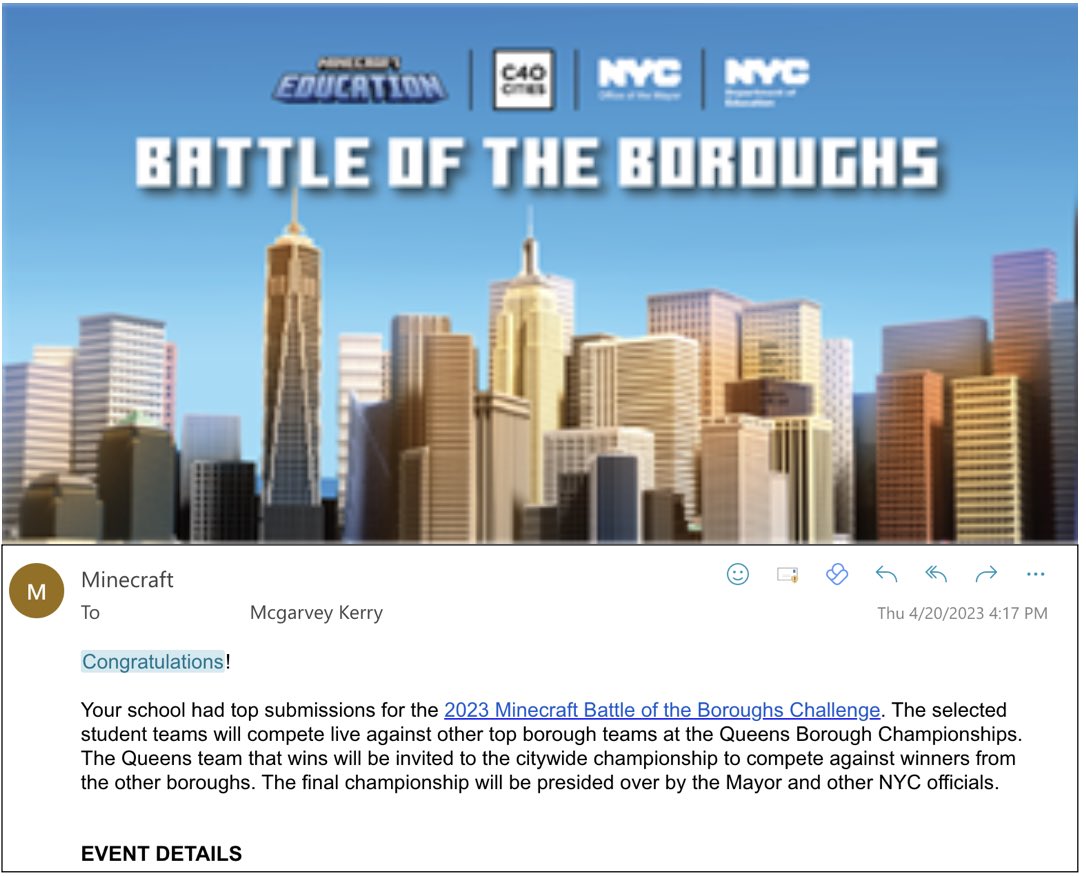 K_AMcG's tweet image. I found out yesterday that 3 of my student teams made it to the next round of NYC Battle of the Boroughs! I am so proud of my students. Live battle here we come! #MinecraftChallenge #MinecraftEdu #NYCSchoolsTech