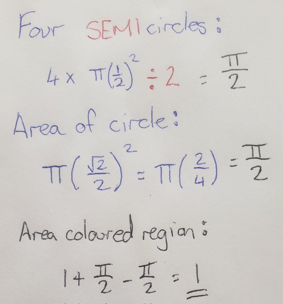 bridieboy's tweet photo. @UKMathsTrust On reflection, I am both right and wrong.  The finished answer IS 1 BUT the working does not match the wording in the soln. I am right that the LARGE circle has area Pi/2 BUT the area of the four SEMIcircles is also Pi/2. The working in the soln above is for 4 FULL small circles! https://t.co/xT6WA69LNY