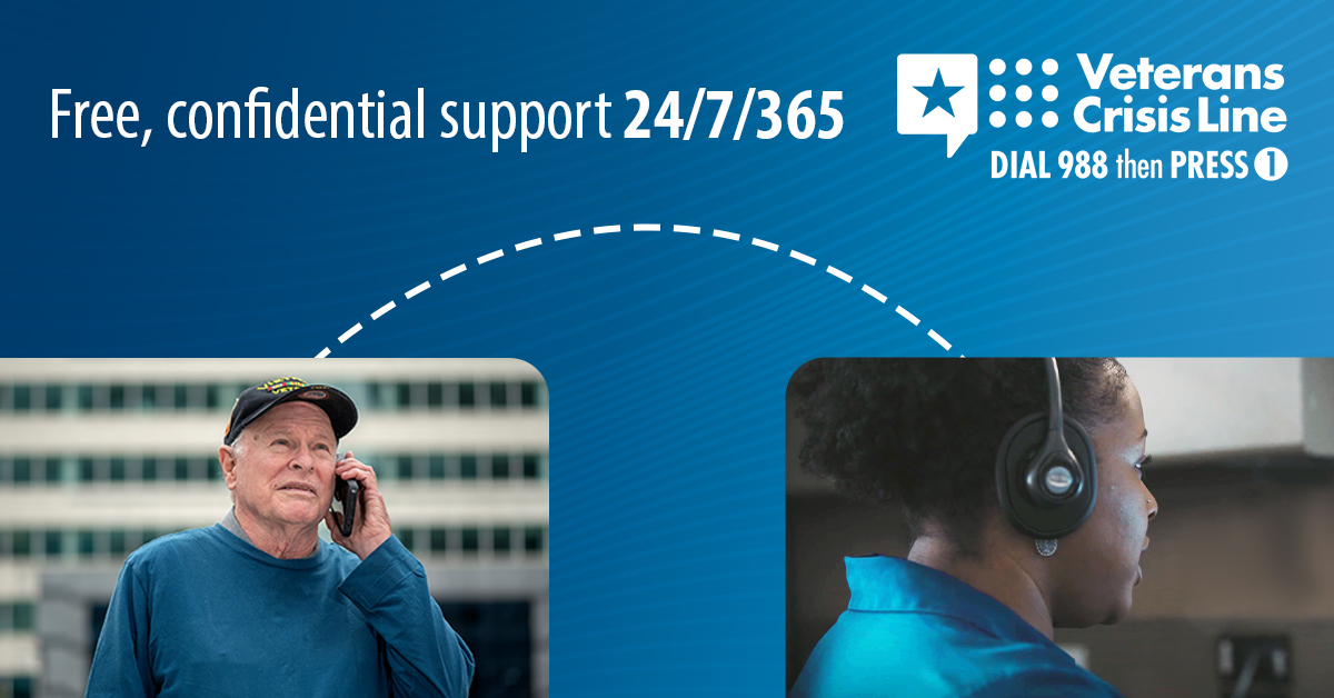 24 hours a day, 7 days a week, 365 days a year, the #VeteransCrisisLine offers support to #Veterans who are having thoughts of suicide. To connect, Dial 988 then Press 1, chat at VeteransCrisisLine.net/Chat, or text 838255.
