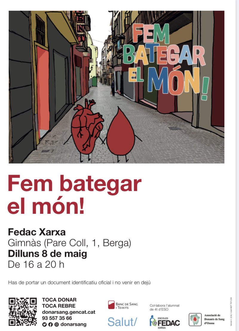 Fem bategar el món!
Campanya de donació de sang! 

#s4 #donaciódesang #fembategarelmón #avuixdemà #aps #aprenentatgesignificatiu #donasang