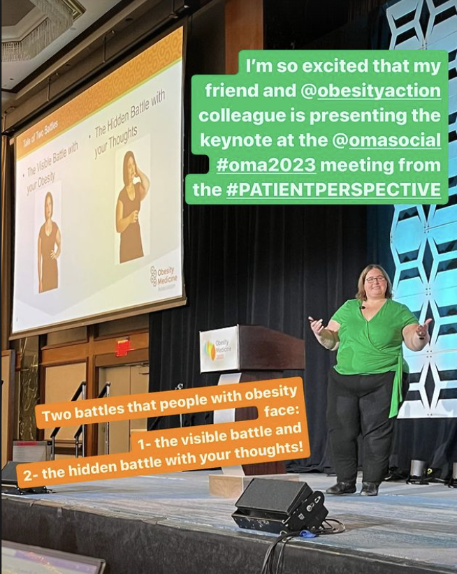 PsychoDietitian's tweet photo. Love that the @OMAsocial team is putting patients first and kicking off the meeting #OMA2023 with @ObesityAction patient advocate @Lutherliz and addressing the tough stuff about provider obesity stigma, internalized #weightbias and how we can all #DOBETTER #obesitymedicine2023 https://t.co/IPIUGOUow2