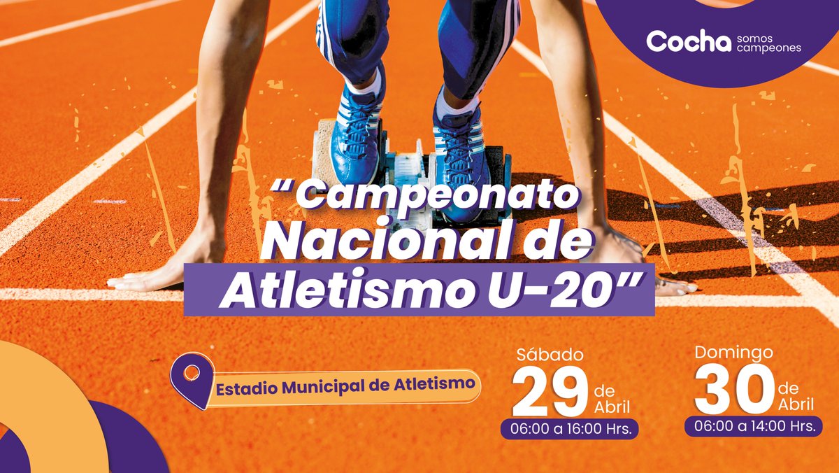 CSomosCampeones's tweet photo. ¡Vive la adrenalina del deporte!🏃🏽‍♀️🏃🏻 Disfruta del Campeonato Nacional de Atletismo U-20 y apoya a tu campeón favorito. 💯 
#CochaSomosCampeones https://t.co/FN5trJULsw