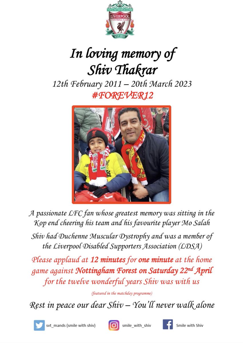 Please join in and help spread the word by retweeting A one minutes clap at 12 minutes in to tomorrows home game LFC v Notts Forest for our beloved son Shiv who left us one month ago. We want him to hear us in heaven where he will be watching. Thank you #FOREVER12 #YNWA #LIVNFO