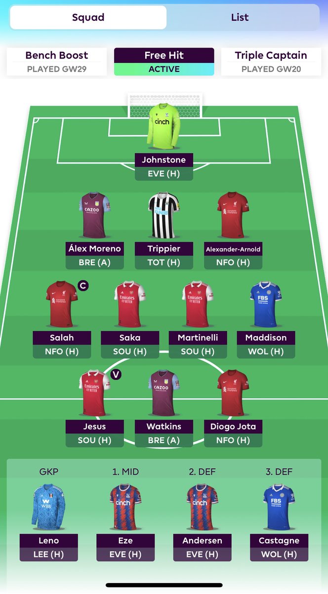 FREEEEEEE HIIIIIIIT #GW32 
So this is where I am at currently, I encourage and welcome any suggestions. I am unsure about Moreno &amp; Jota 😅
0.7 ITB

#FPL #FPLCommunity