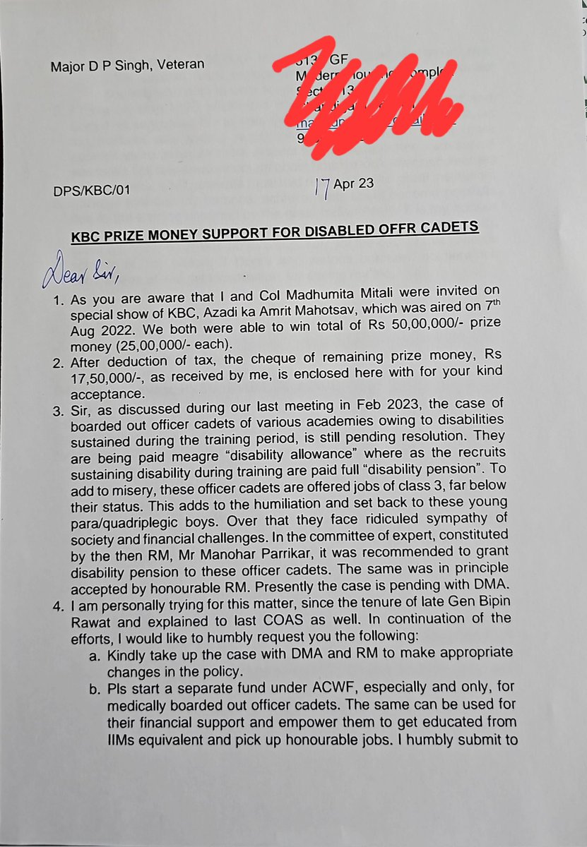 MajDPSingh's tweet photo. Humbled 🙏😊

I have requested COAS to start a corpus,from this money for disabled,medically boarded officer cadets of armed forces.
They deserve honor&amp; resettlement.
Presently meager allowance&amp;menial jobs are offered to otherwise could be officers.

I urge all to support.🇮🇳 https://t.co/B8ybIqy196