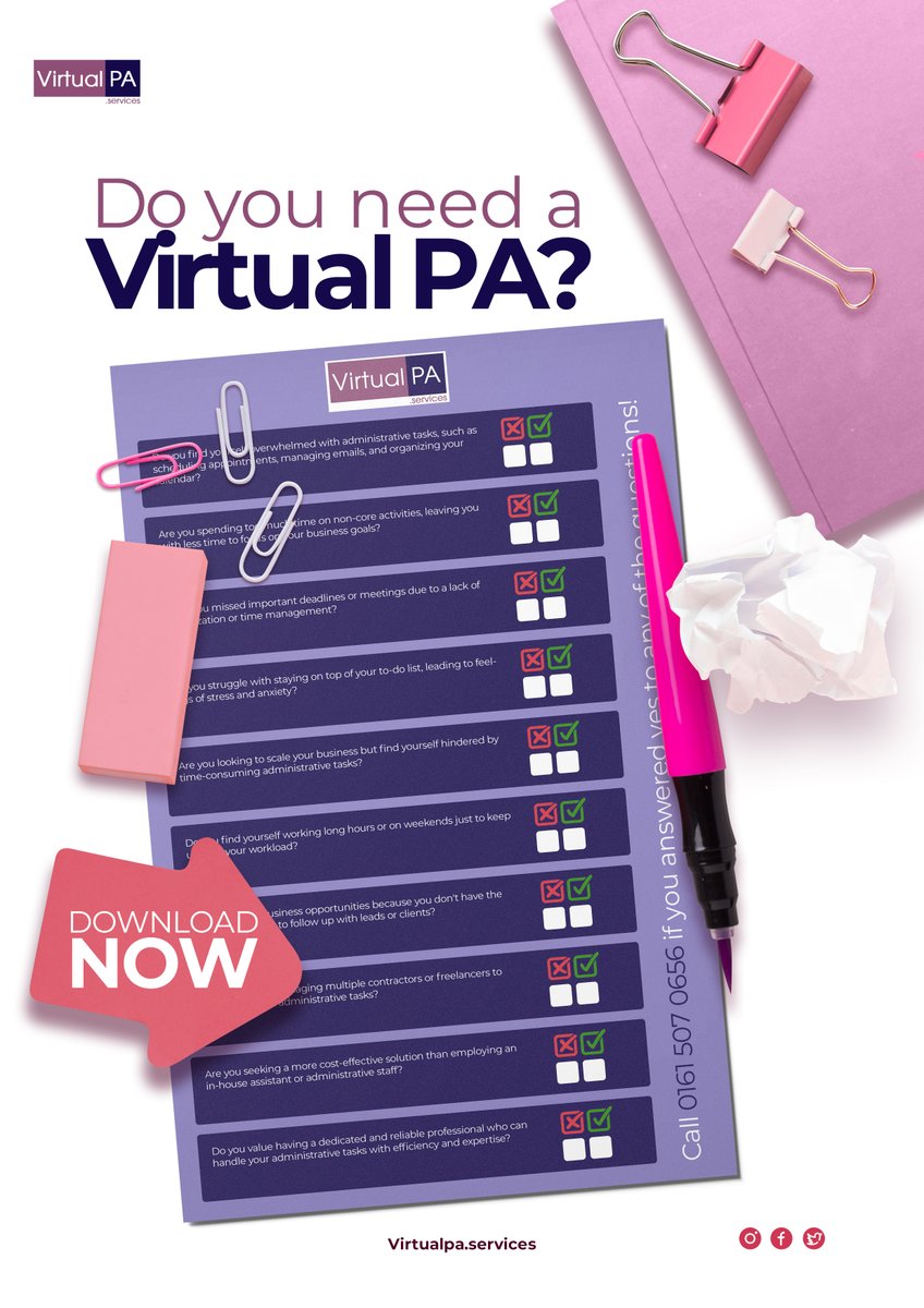 pa_services's tweet image. How do you know you need the help of a Virtual PA?
We've prepared a checklist!
Download the attached file and answer the questions. If you marked with 📷 any of the questions, you need our help.
Feel free to give us a call to discuss your needs.
#VirtualPA #virtualassistant