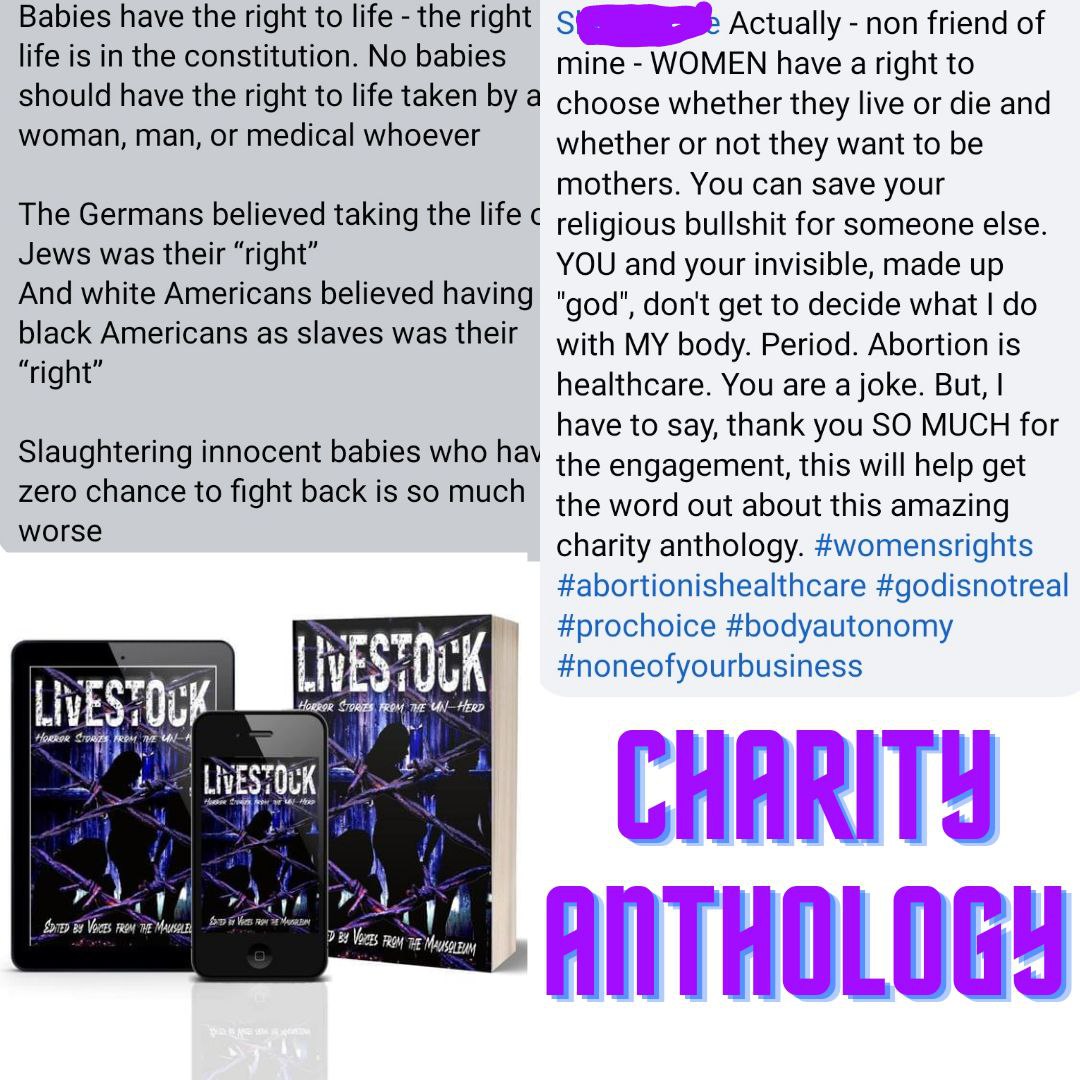 So this happened this morning on a link I shared about the anthology. I figured why not use it to promote it? Livestock: Horror Stories of the Un-Herd is available on Amazon in e-book and paperback! #horror #charityanthology #charity 

tinyurl.com/3ak2uesz