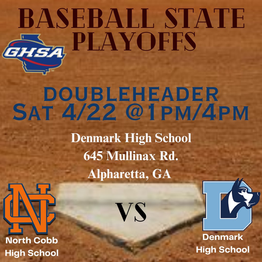 DanesClub's tweet photo. Your Denmark Danes, Region 6-7A Champs, take on the North Cobb Warriors in the first round of GHSA state playoffs w/a DH on Sat. Please come fill the stands and cheer on your Danes. This is a GHSA event. EVERYONE needs a ticket (students too).  No passes. Tickets are on GoFan. https://t.co/U9zh1iBQFR