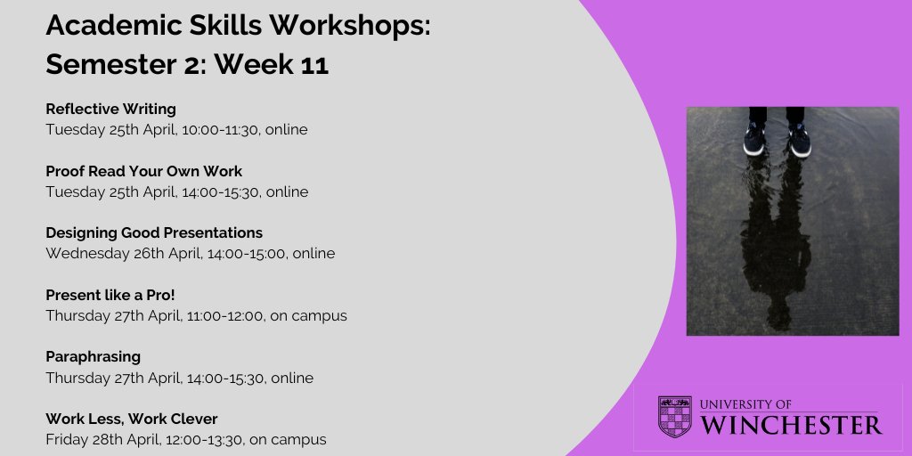We hope you enjoyed the Spring Break  We have some great workshops to welcome you back. For more information and to book a place, please go to the Student Academic Support intranet page: 'Workshops and Resources'. Hope to see you in a workshop soon!