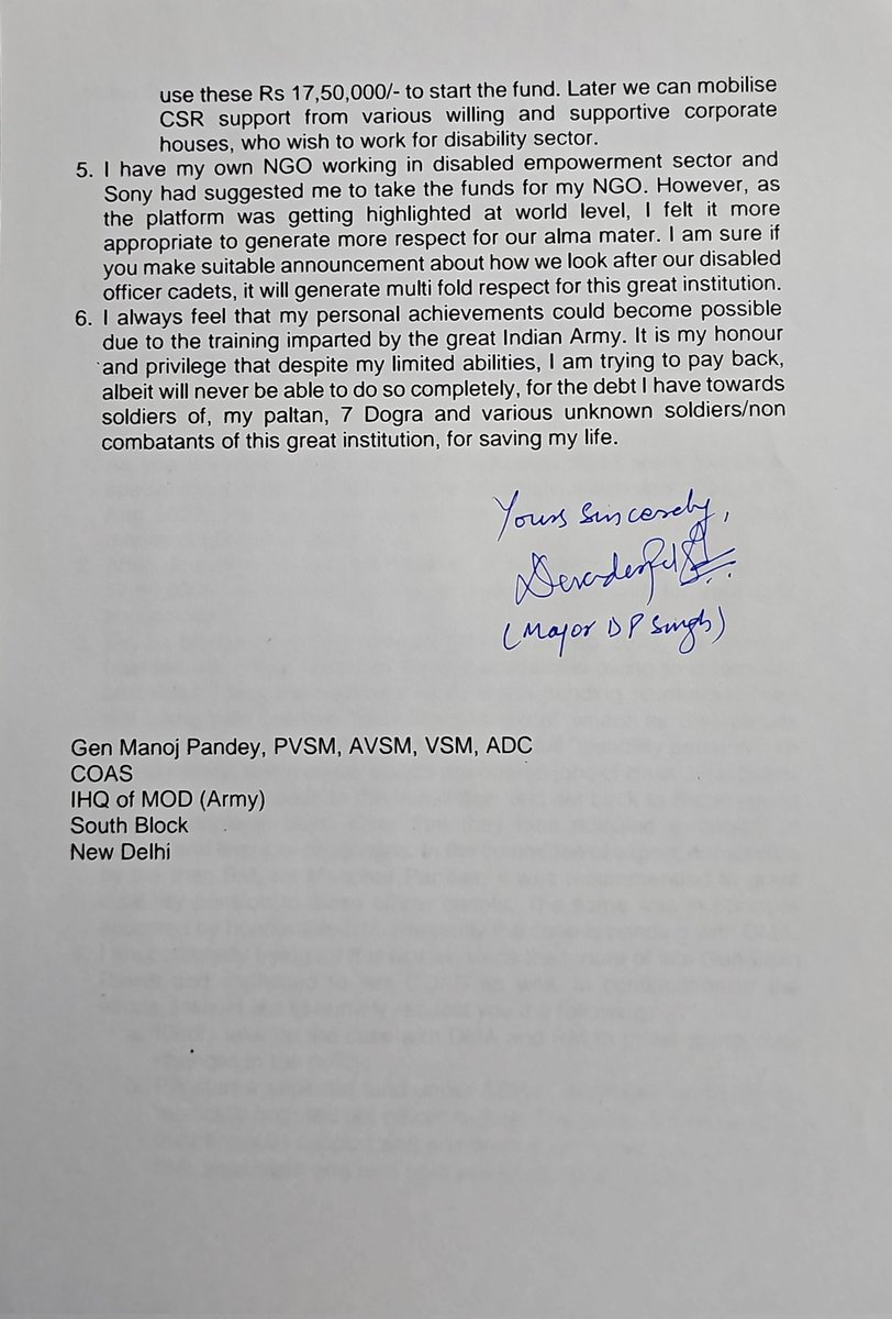 MajDPSingh's tweet photo. Humbled 🙏😊

I have requested COAS to start a corpus,from this money for disabled,medically boarded officer cadets of armed forces.
They deserve honor&amp; resettlement.
Presently meager allowance&amp;menial jobs are offered to otherwise could be officers.

I urge all to support.🇮🇳 https://t.co/B8ybIqy196