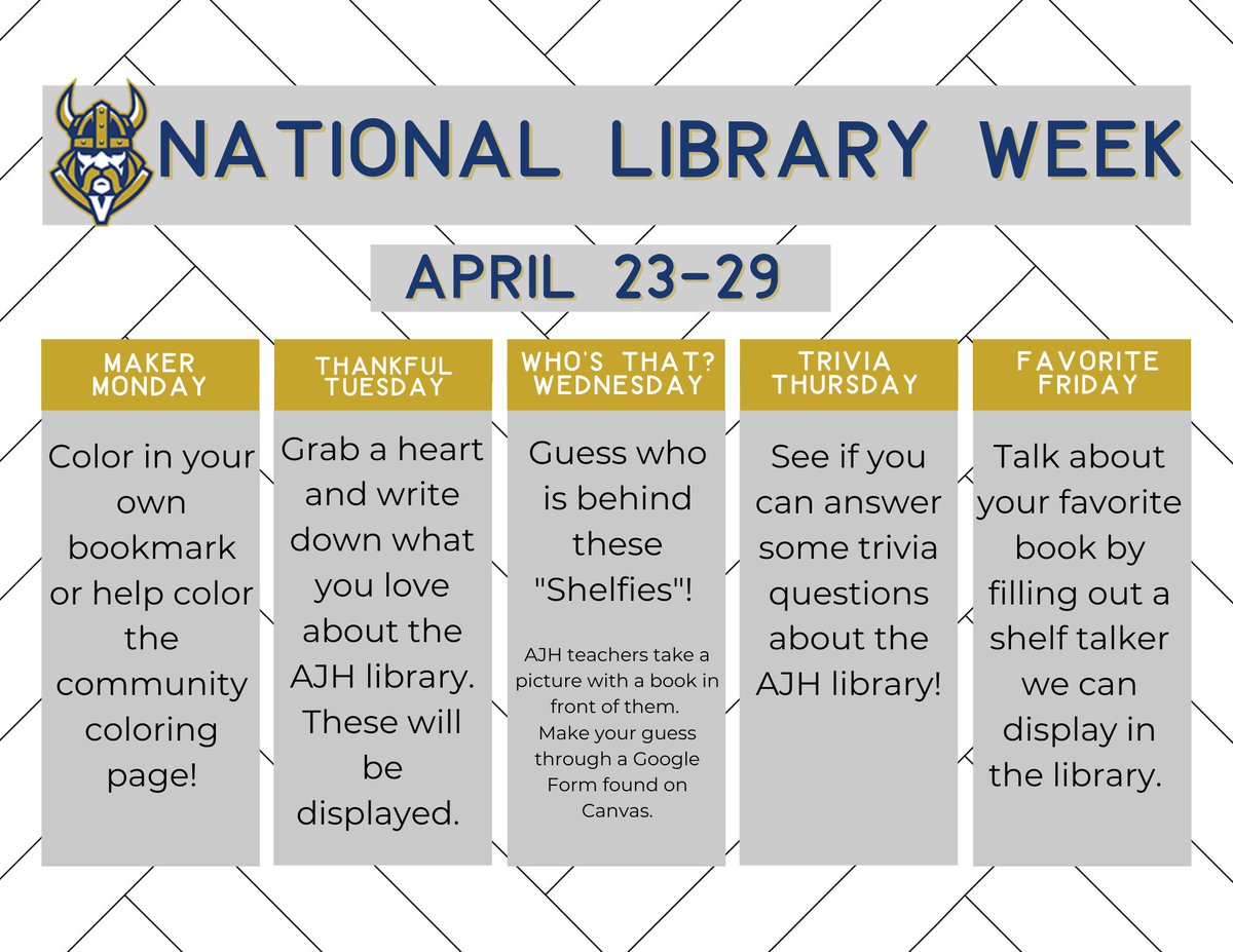 AdamsJHLibrary's tweet photo. Next week is National Library Week. Celebrate with us by completing the activity each day of the week. See the calendar for details!
#alwaysbeaviking https://t.co/17pebXiKdM