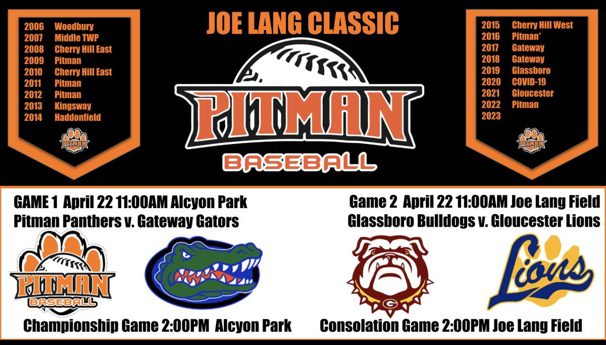 This year’s Edition of the Joe Lang Classic on April 22nd will include Gateway, Glassboro, Gloucester and Pitman. Great day of Baseball! @GRHSGatorBBall @GboroHSBaseball @LionBaseballGHS @PHSBaseballNow @PitmanAthletics @pitmanschools #PitmanPantherPride