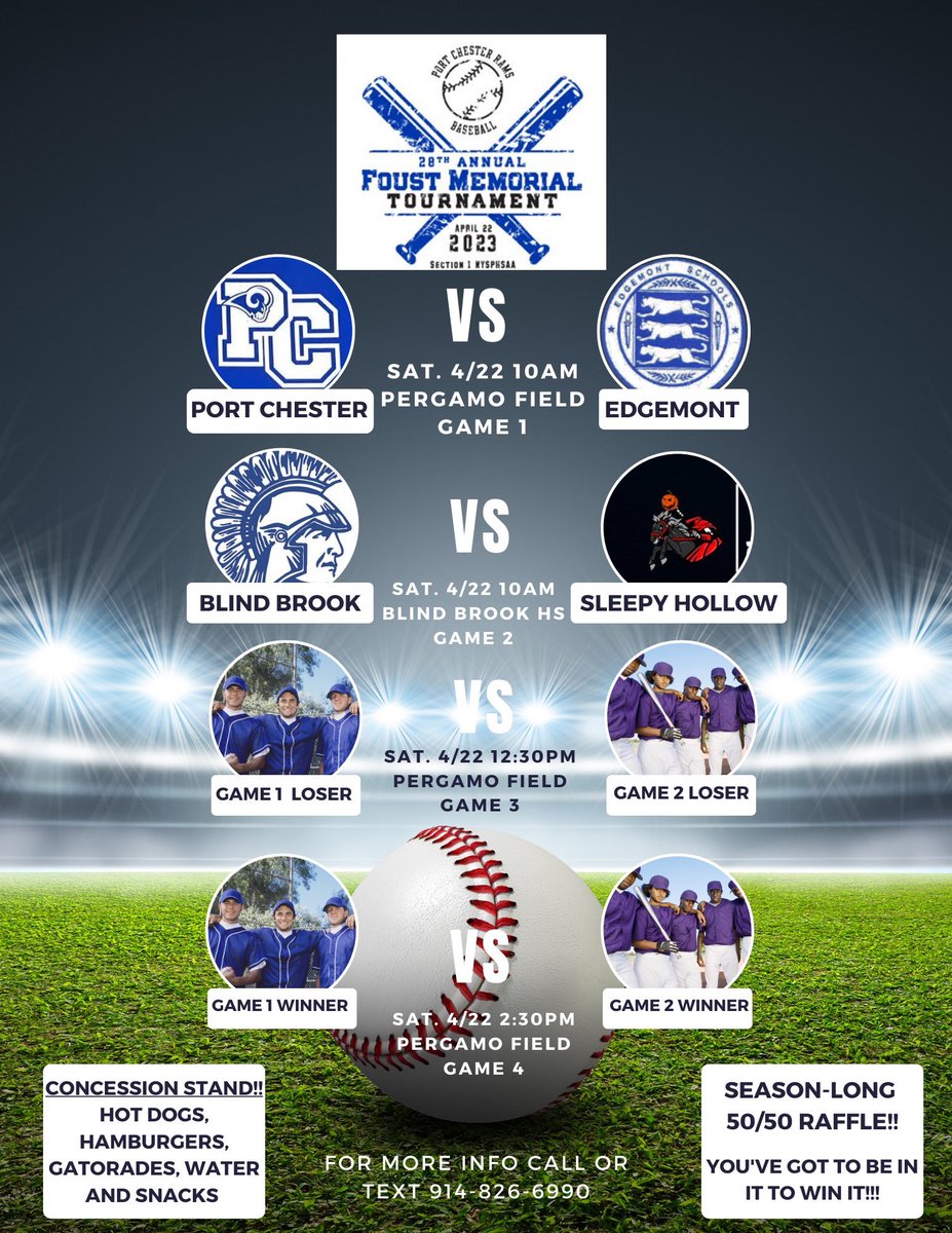 Come out to PCHS’ Pergamo Field and support the PCHS Boys Varsity Baseball team <a href="/PortVarsity/">Port Chester Rams Baseball</a> as they play in the 28th Annual Foust Memorial Tournament this Saturday, April 22. The first games start at 10am!!