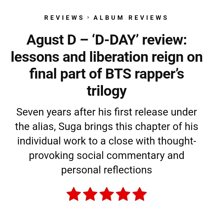 BTSquadInfo's tweet photo. [INFO]📰

¡NME ha calificado el álbum 'D-DAY' con una puntuación perfecta de 5 estrellas!

©btschartstudio | @BTS_twt #BTSARMY https://t.co/TbgoddzW9t