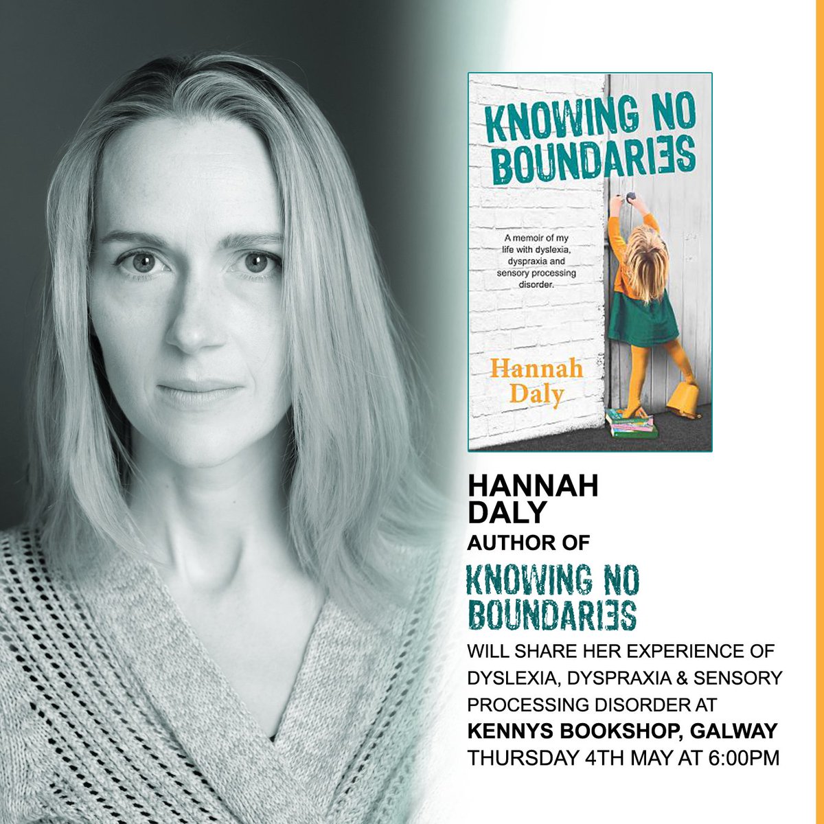 On Thursday May 4th, all are welcome to an event here with author Hannah Daly, when she will discuss her experience of living with dyslexia, dyspraxia and sensory processing disorder &amp; her memoir, Knowing No Boundaries. It's free and you can sign up here: eventbrite.ie/e/an-evening-w…
